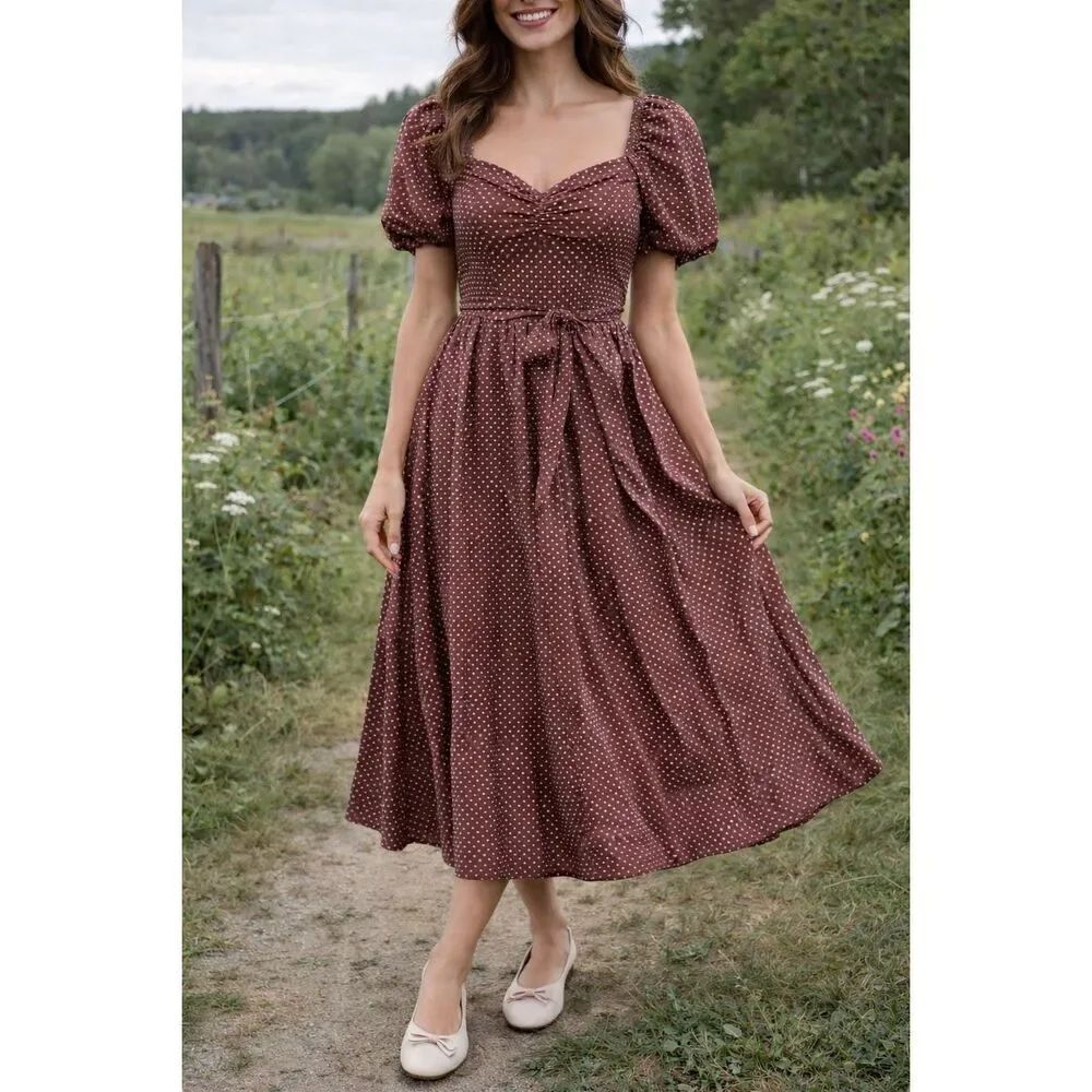 Faithfull The Brand Womens Brown Polka Dot Smocked Charlize Midi Dress Size 8